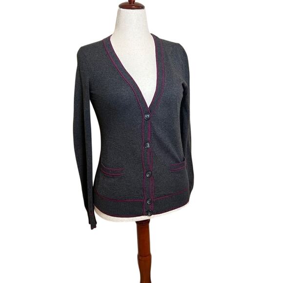 Theory Chelsea B cardigan sweater grey cashmere blend pink stripe detail Sz M - Picture 1 of 8